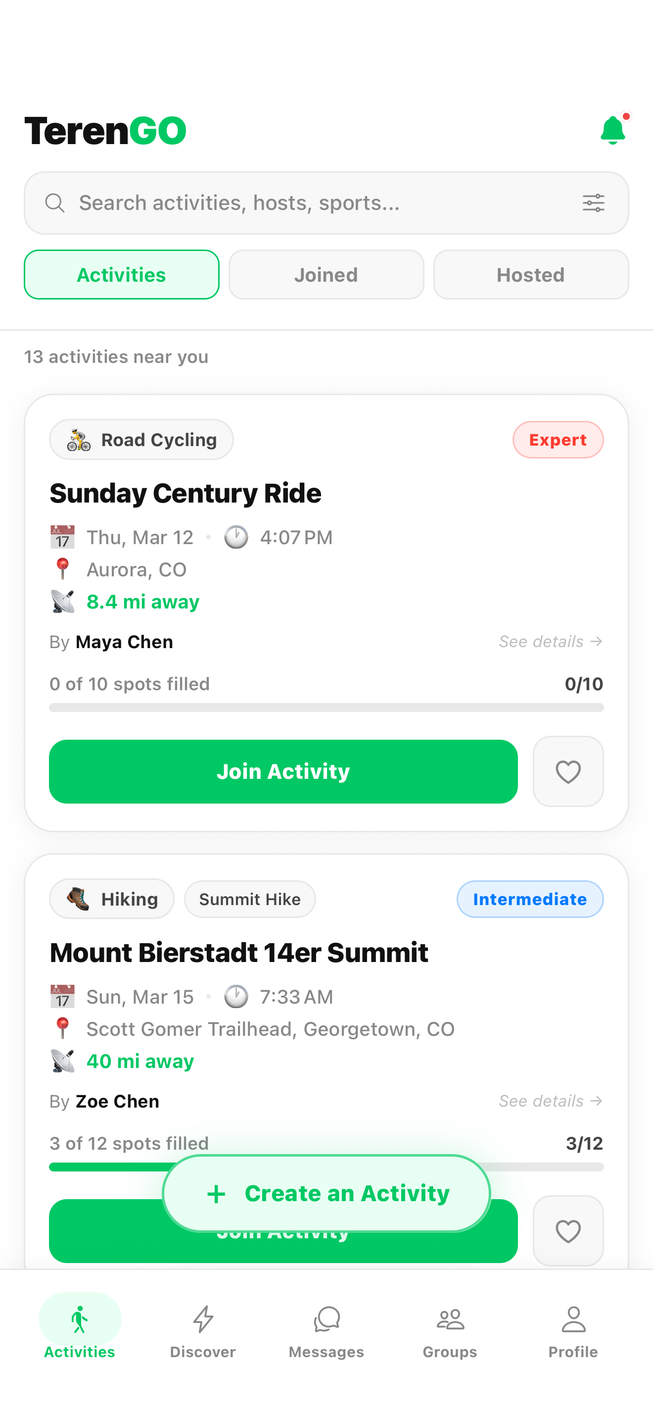TerenGO Activities Feed